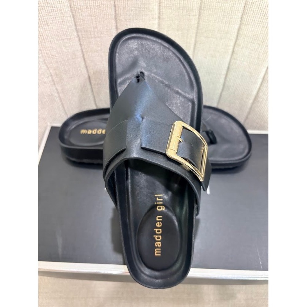 Madden Girl Brixton Sandals Womens 6 Black Gold Buckle Thong Slides NEW